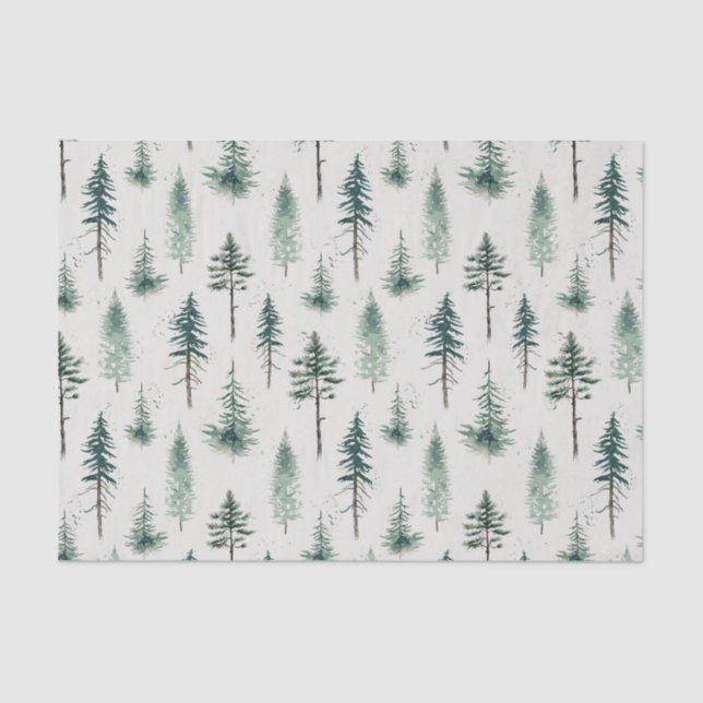 Papel De Seda Padrão de Feriado das Árvores de Natal em Aquarela (Frente )