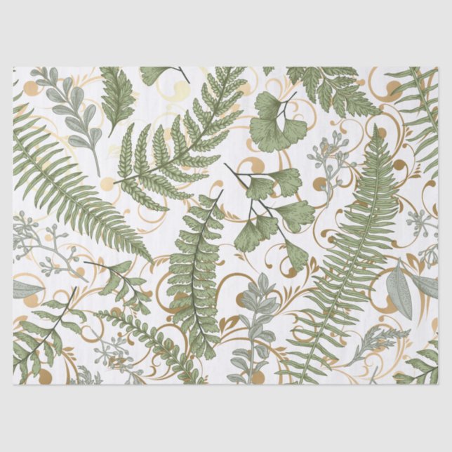 Papel De Seda Padrão de Fern Verde e Dourado (Frente )
