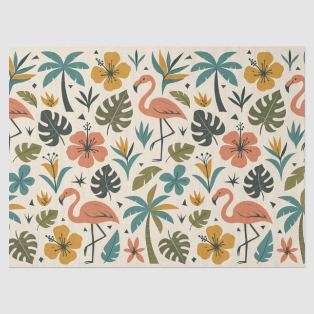 Papel De Seda Padrão de Flamingo Tropical e Palmeira (Frente )