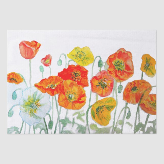 Papel De Seda Padrão de Flor de Papoula Vermelha Laranja Aquarel (Frente )