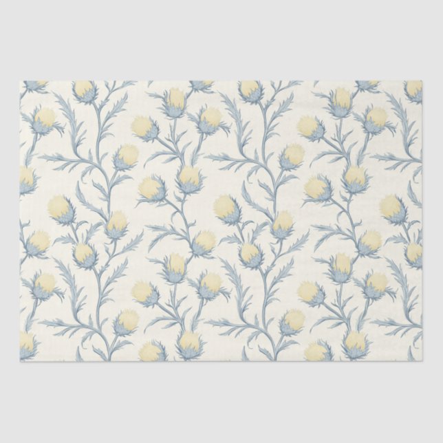 Papel De Seda Padrão de Flor Floral com Thistle Azul-Limão (Frente )