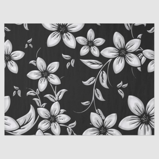 Papel De Seda Padrão de Flor Preto e Branco (Frente )