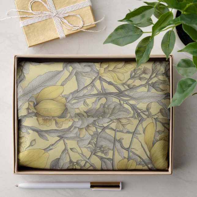 Papel De Seda Padrão de flores amarelas botânicas (Presente)