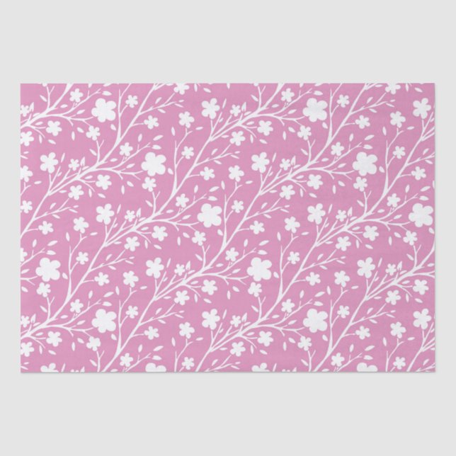 Papel De Seda Padrão de Flores Brancas de Primavera em Rosa (Frente )