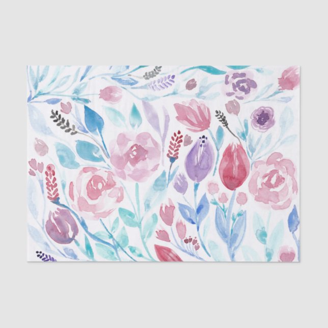 Papel De Seda Padrão de Flores de Aquarela Azul-Teal Primavera (Frente )