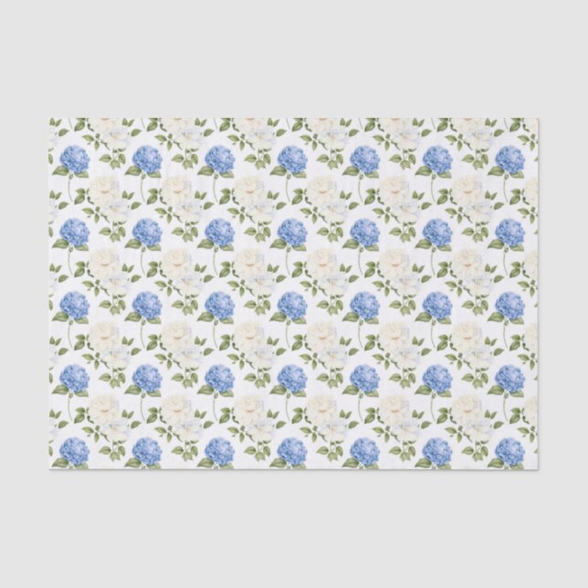 Papel De Seda Padrão de Flores de Hidrangea Azul Elegante (Frente )