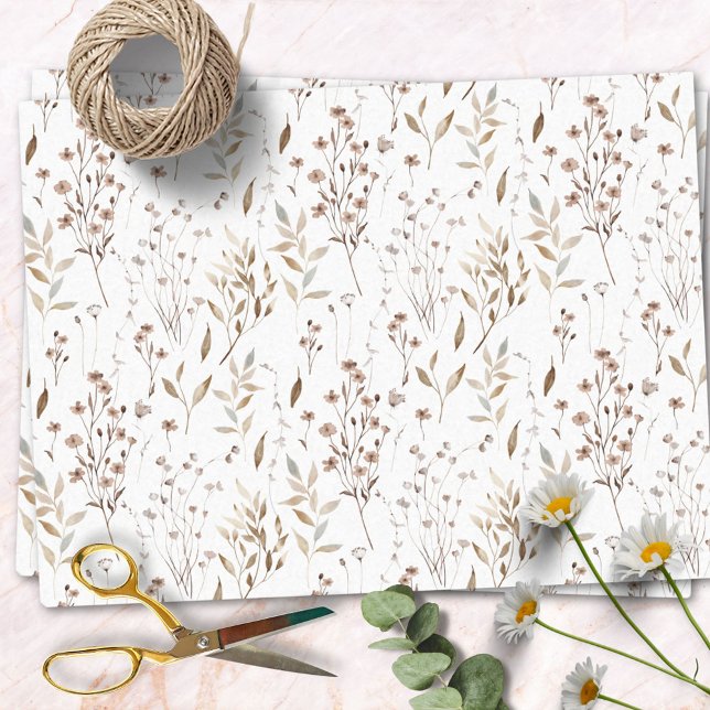 Papel De Seda Padrão de Flores e Folhas Secas Boho Marrom Bonito (In situ)