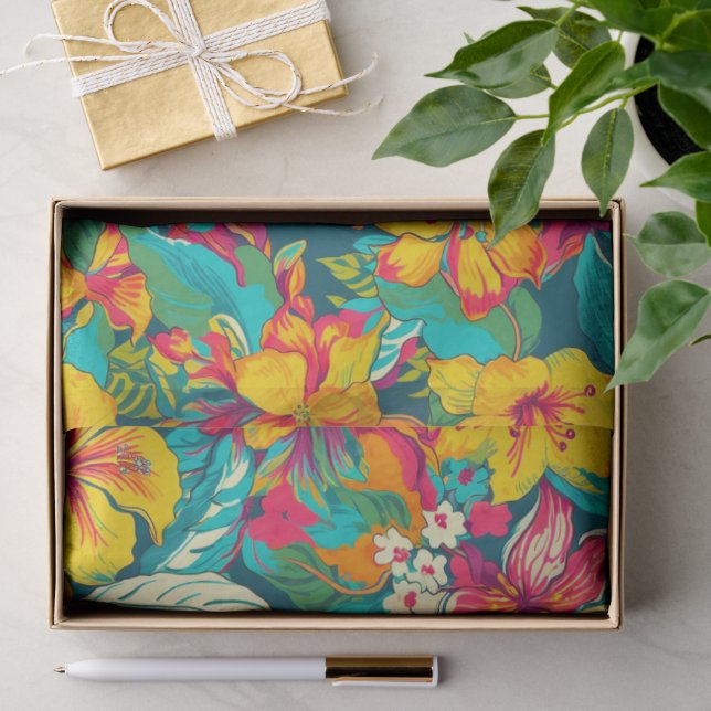 Papel De Seda Padrão de Flores e Folhas Tropicais (Presente)