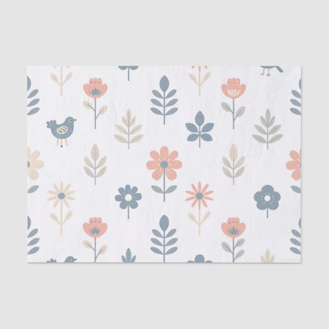 Papel De Seda Padrão de Flores Pássaros Folk Escandinavo (Frente )