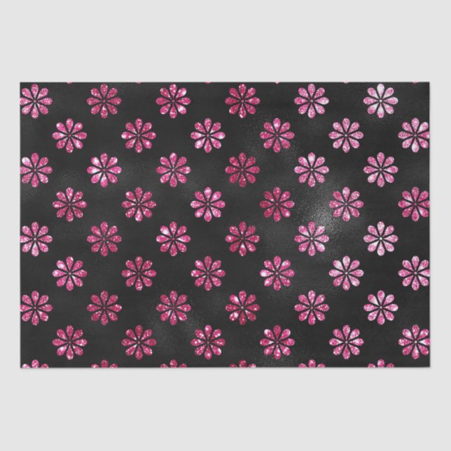 Papel De Seda Padrão de Flores Pretas e Brilho Rosa Quente Elega (Frente )