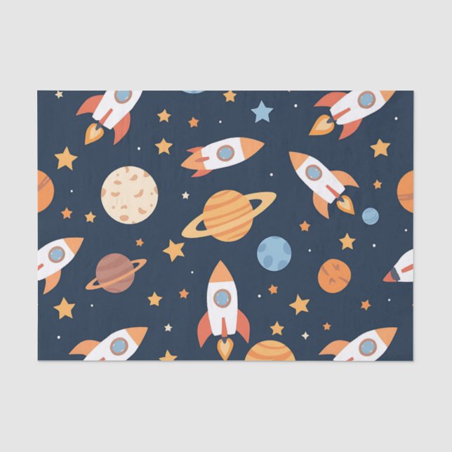 Papel De Seda Padrão de Foguetes Planetas Espaço Fofo (Frente )