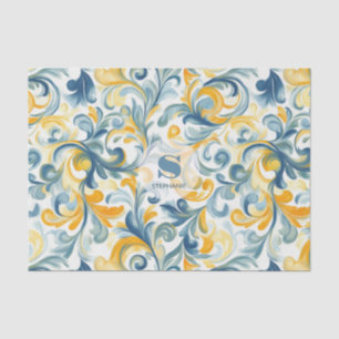Papel De Seda Padrão de Folha Azul e Dourada
