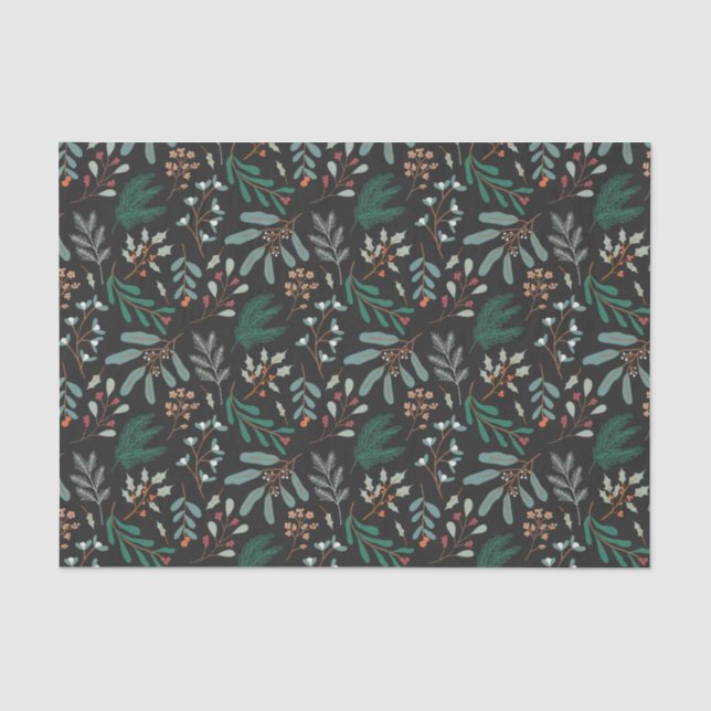 Papel De Seda Padrão de Folhagem de Natal Rustic Black (Frente )