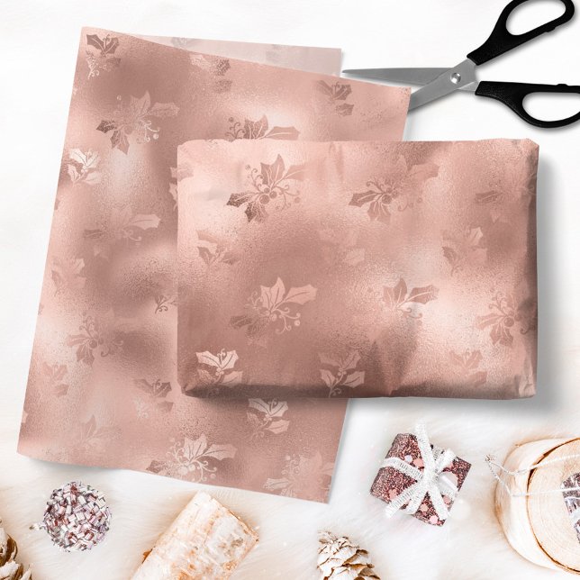 Papel De Seda Padrão de Folhas de Azevinho em Dourado Rosa de Na (Criador carregado)