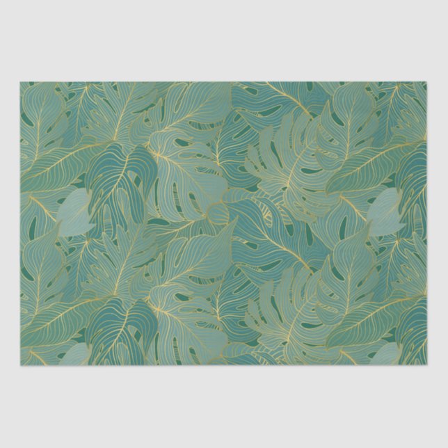 Papel De Seda Padrão de folhas verdes e douradas (Frente )