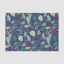 Papel De Seda Padrão de Folhetos Botânicos Verde e Roxo Profundo