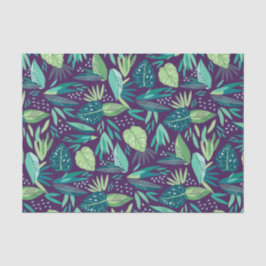 Papel De Seda Padrão de Folhetos Botânicos Verde e Roxo Profundo
