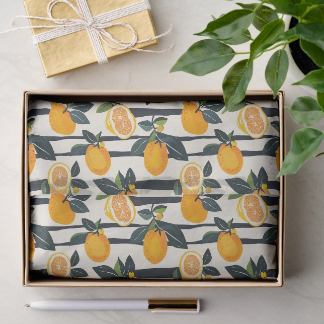 Papel De Seda Padrão de Fruta de Citros Vibrante com Folhas Verd (Presente)