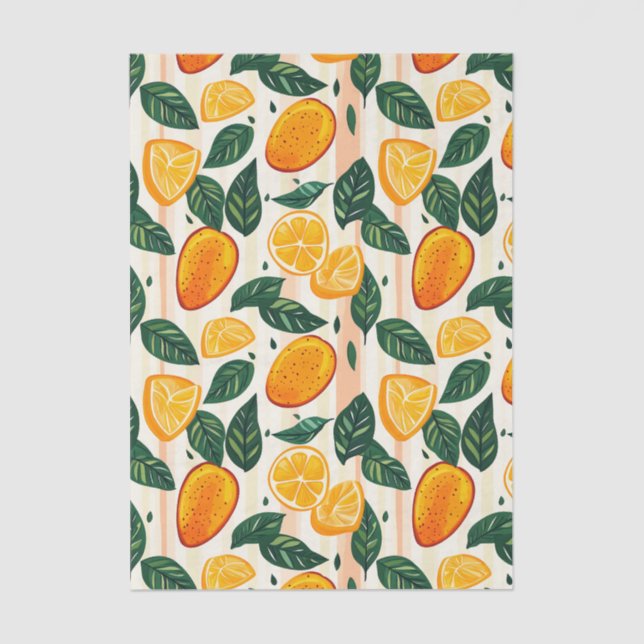 Papel De Seda Padrão de Fruta de Citros Vibrante com Folhas Verd (Frente )