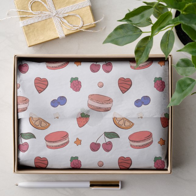 Papel De Seda Padrão de Frutas e Macarons Franceses (Presente)