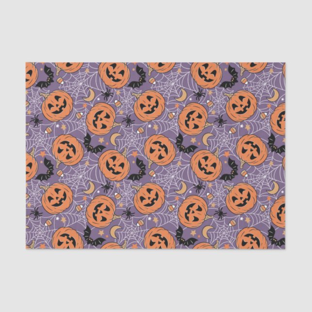 Papel De Seda Padrão de Halloween do Jack-O-Lanterna Roxo (Frente )