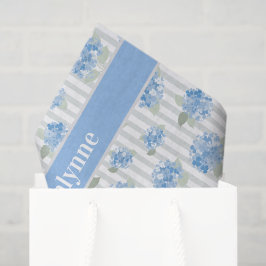 Papel De Seda Padrão de Hortênsia Azul Elegante Faixa Cinza Nome