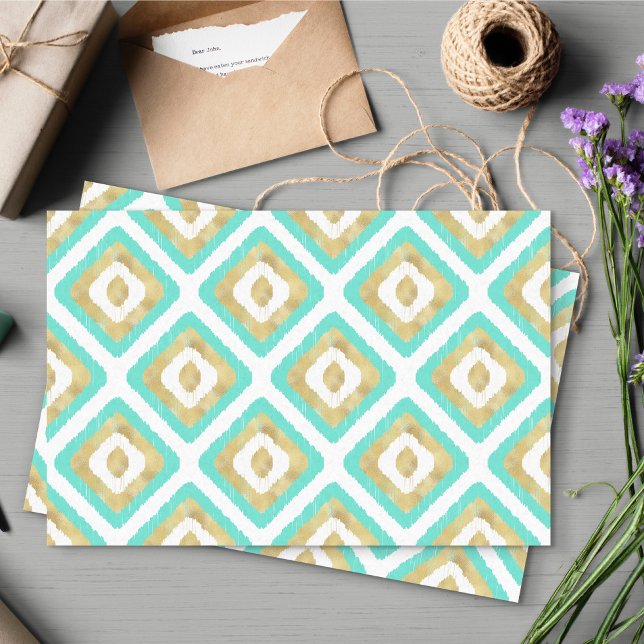 Papel De Seda Padrão de Ikat Chic Dourado e Turquoise (Turquoise & Gold Ikat Patterned Tissue Paper)