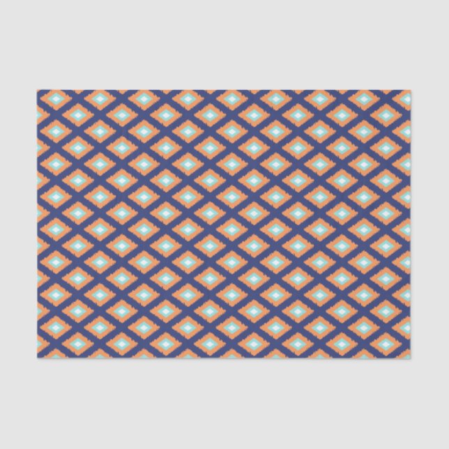 Papel De Seda Padrão de Ikat Tribal Azul e Laranja (Frente )