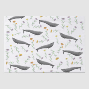 Papel De Seda Padrão de Ilustração de Baleia Azul Floral Primave