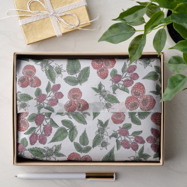 Papel De Seda Padrão de Ilustração de Folhas de Fruta de Framboe (Presente)