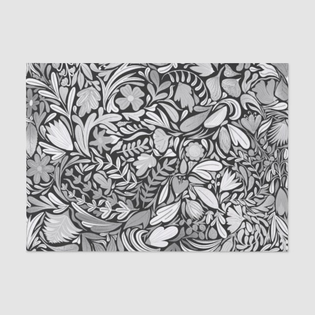 Papel De Seda Padrão de Ilustração de Folhas Pretas Prateadas (Frente )