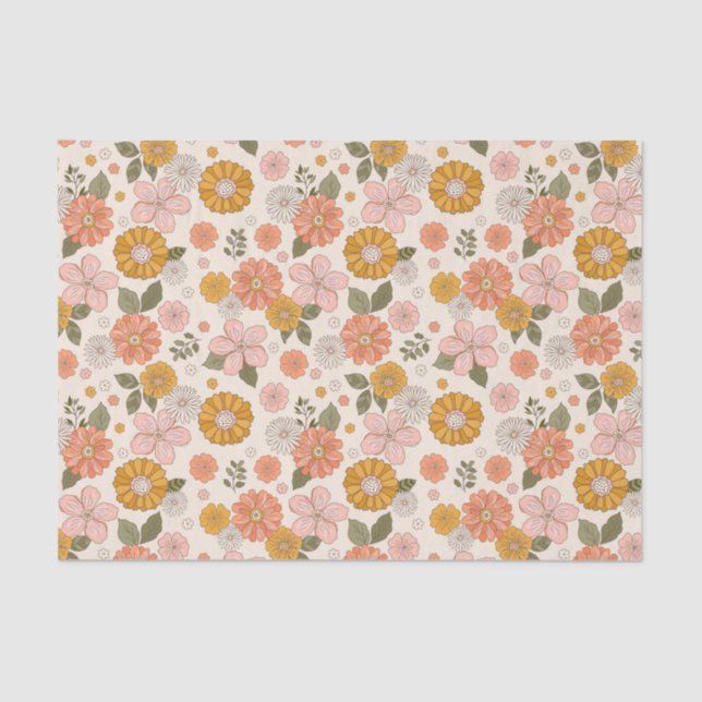Papel De Seda Padrão de Jardim de Flor Rosa e Laranja (Frente )