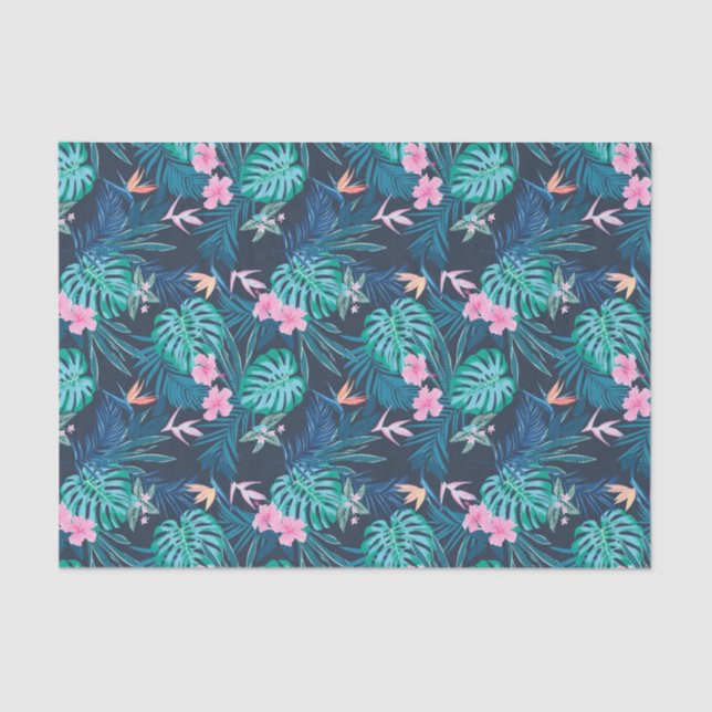 Papel De Seda Padrão de Jardim de Flor Tropical Azul (Frente )