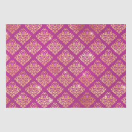 Papel De Seda Padrão de Lantejoulas Damasco Magenta e Dourado
