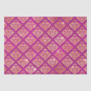 Papel De Seda Padrão de Lantejoulas Damasco Magenta e Dourado