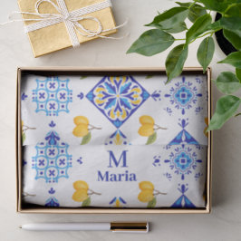 Papel De Seda Padrão de Limão Country Francês Azul Monograma Nom
