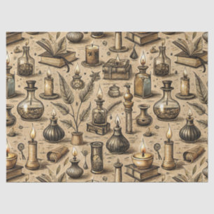 Papel De Seda Padrão de Livros e Velas de Bruxaria Vintage