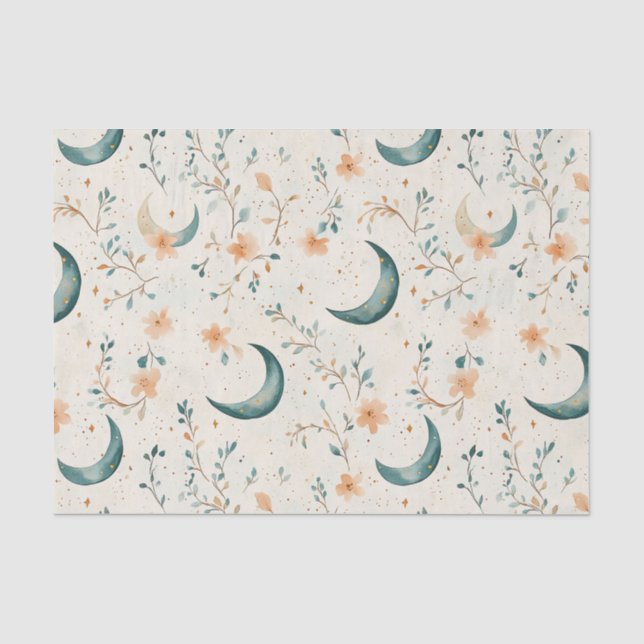 Papel De Seda Padrão de Lua Floral Boho Celestial (1) (Frente )