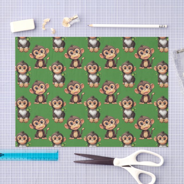 Papel De Seda Padrão de Macaco em Verde  (Arte )