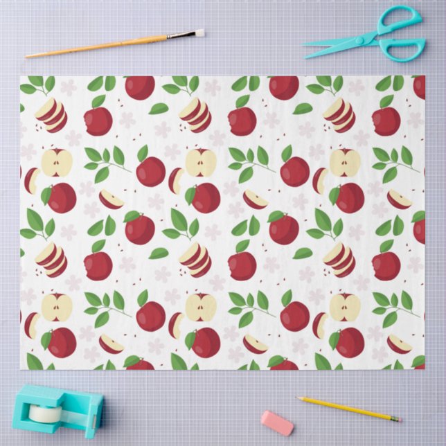 Papel De Seda Padrão de Maçãs Vermelhas, Flores e Verdura (Arte )