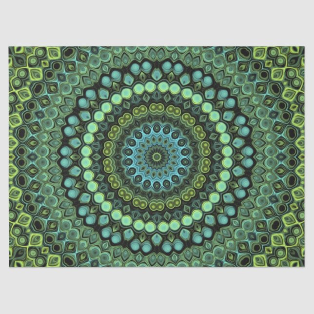 Papel De Seda Padrão de Mandala Kaleidoscópio Verde e Turquesa (Frente )