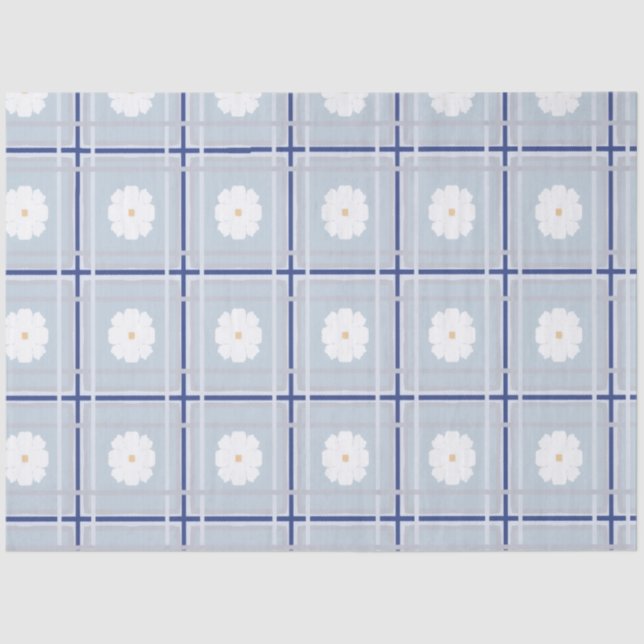 Papel De Seda Padrão de Margarida de Xadrez Azul (Frente )
