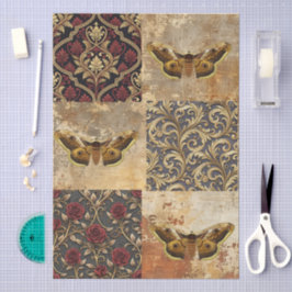 Papel De Seda Padrão de Mariposa com Damask Grunge em Tom Dourad