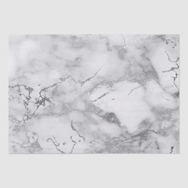 Papel De Seda Padrão de Mármore Branco e Prata Moderno (Frente )