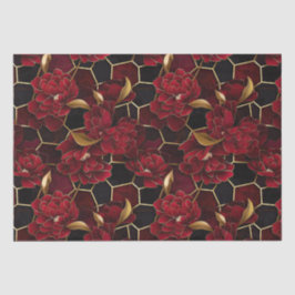 Papel De Seda Padrão de Mármore Floral Vermelho, Preto e Dourado