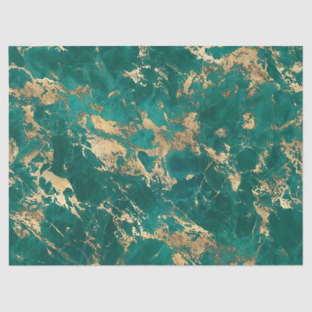 Papel De Seda Padrão de Mármore Teal e Dourado Moderno (Frente )