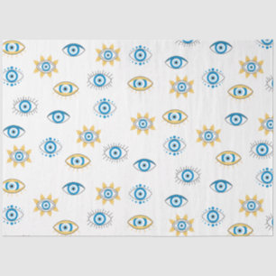 Papel De Seda Padrão de Mati do Olho Grego Azul, Dourado e Branc