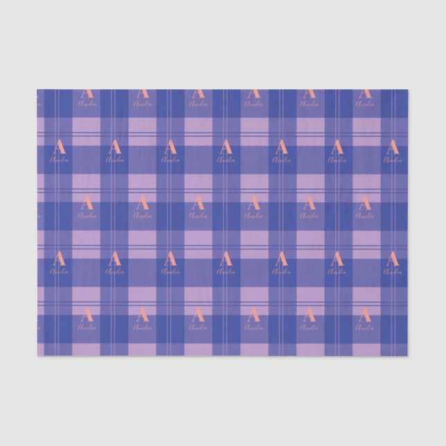 Papel De Seda Padrão de Monograma Roxo de Xadrez Personalizada (Frente )