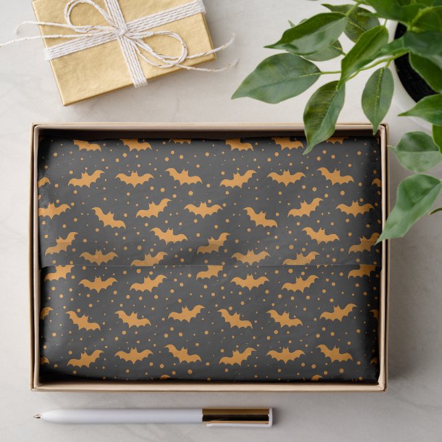 Papel De Seda Padrão de morcego de Halloween preto laranja (Presente)