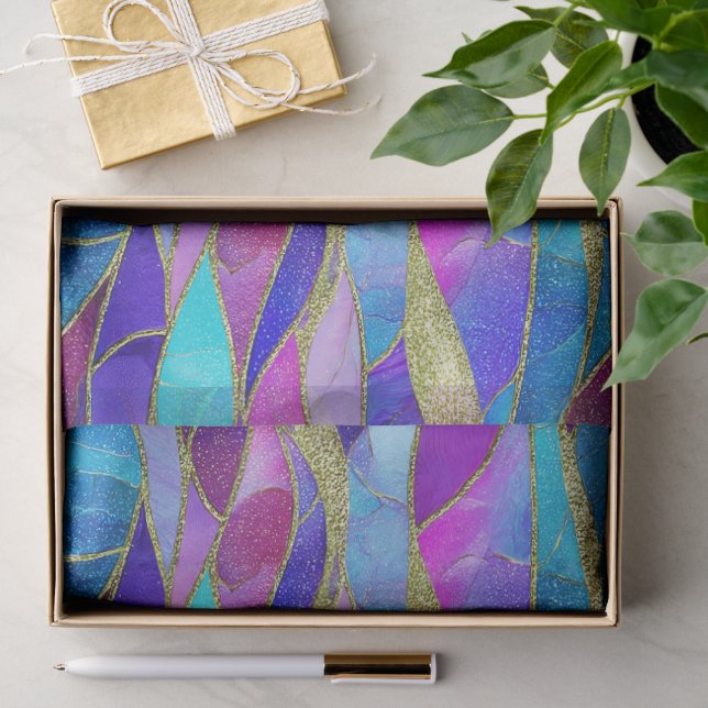 Papel De Seda Padrão de mosaico de vitral roxo e azul (Presente)